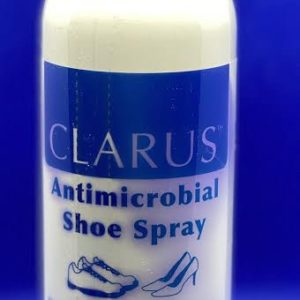 A bottle of shoe spray on a blue background