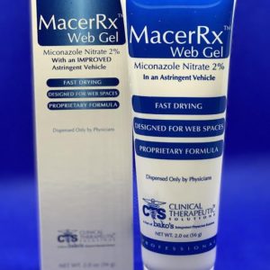 A tube of macerrx web gel next to a box.